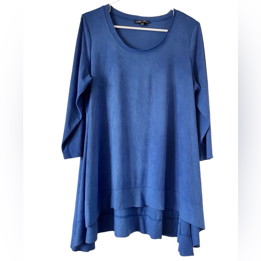 BOHO CHIC Blue Women’s Top Tunic 3/4 Sleeve boat Neck‎ High Low Sz XL